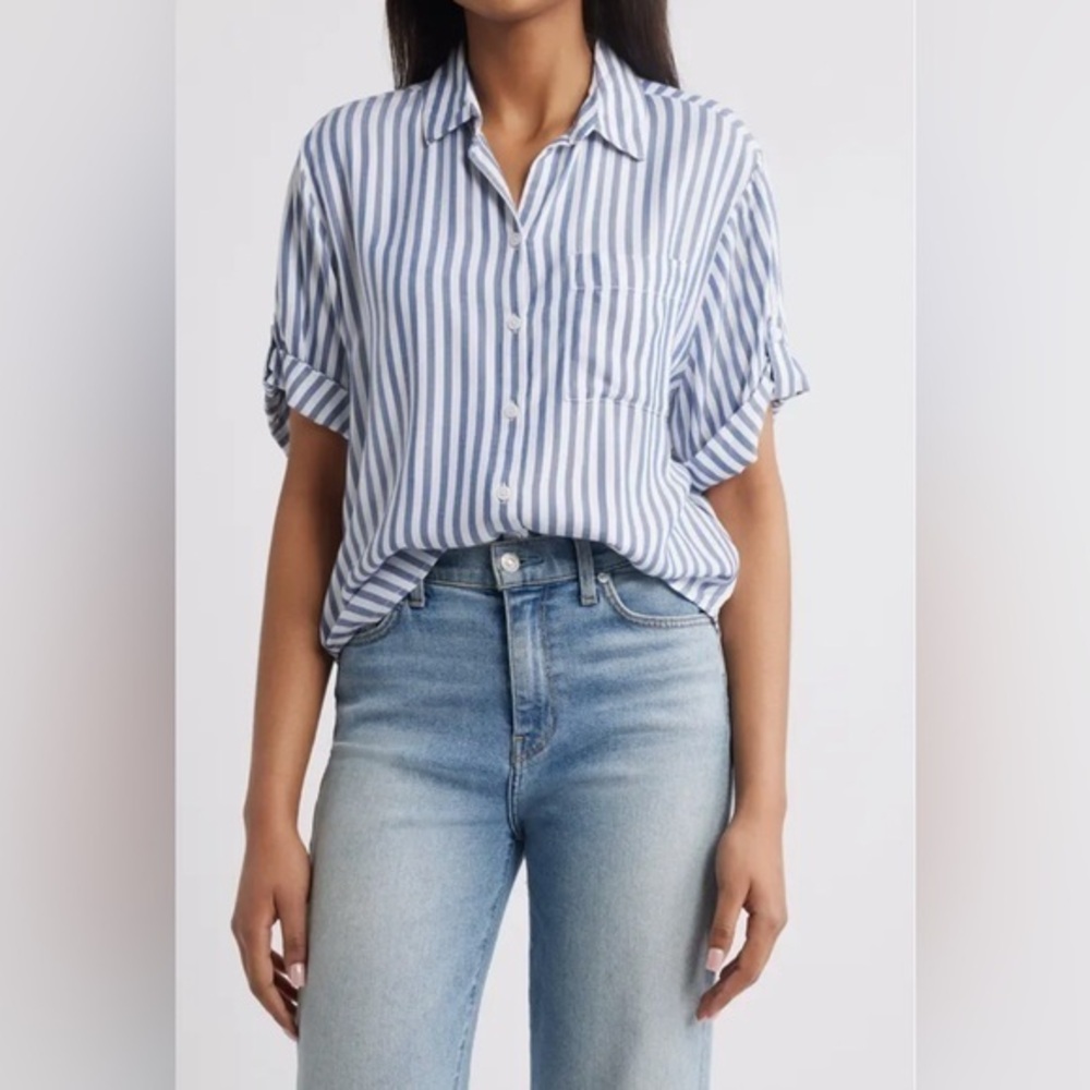 Beach Lunch Lounge Murphy Stripe Button-Up Shirt - Womens Size Medium - Blue